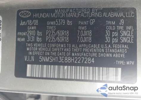 2008 Hyundai Santa Fe Limited/Se from USA, damaged, VIN 5NMSH13E88H227284